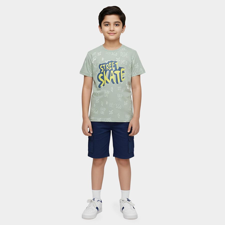 Boys Green Round Neck Graphic Printed T-Shirt, Light Green, large