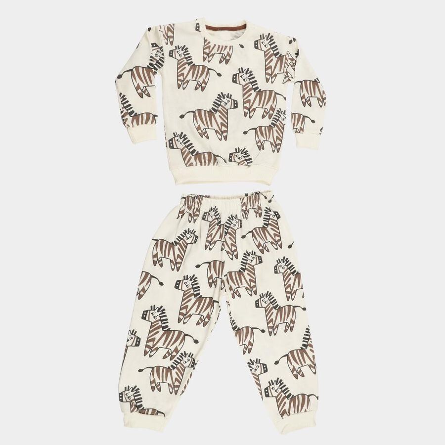 Boys' Off White Round Neck Zebra Printed Baba Suit, Off White, large image number null