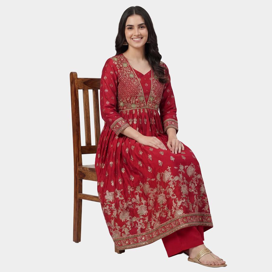 Women's Fuchsia Notch Neck Geometric Printed Kurta, रानी (फ्यूशिया), large