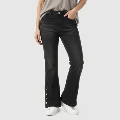 Women's Dark Grey Bootcut Fit Snap Hem Jeans