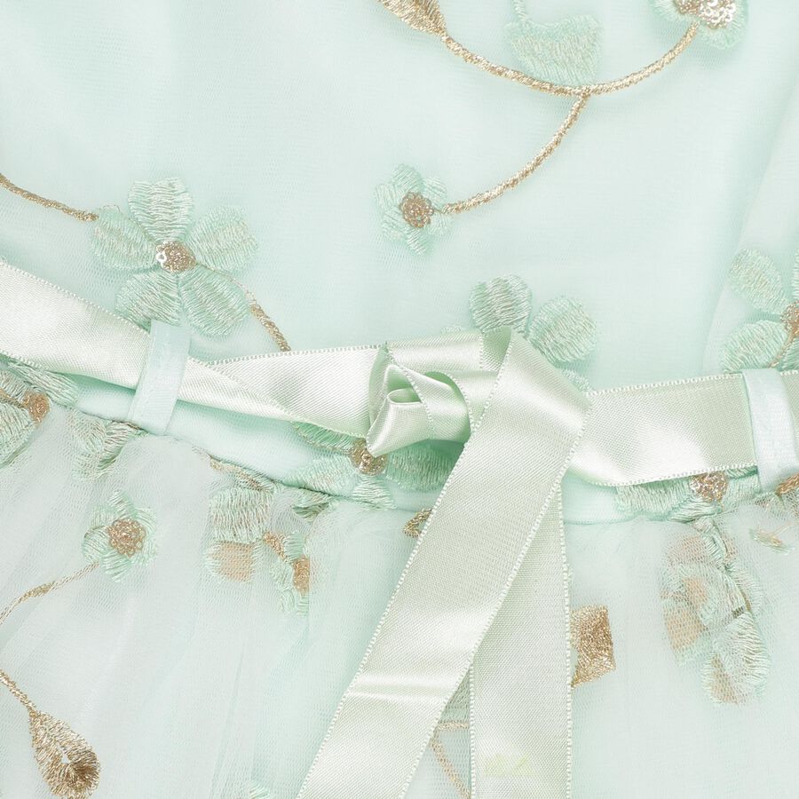 Girls' Soft Mint Green Floral Embroidered Party Wear Frock, Light Green, large image number null
