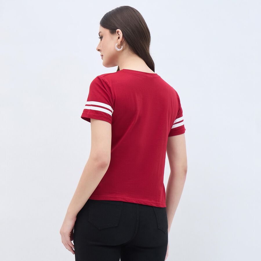 Women's Bright Cherry Red Cotton Round Neck Casual T-Shirt, Red, large