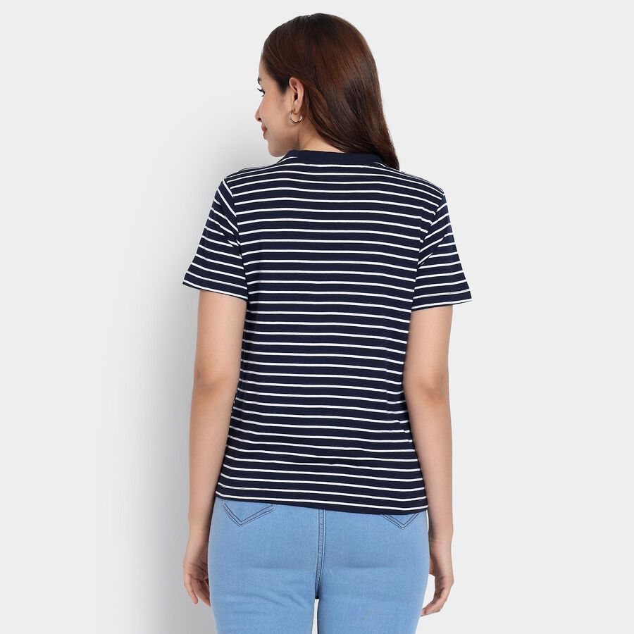 Ladies'  Stripes Round Neck T-Shirt, नेवी ब्लू, large image number null