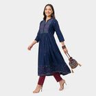 Women's Blue Cotton Mandarin Collar Printed Kurta, Navy Blue, small
