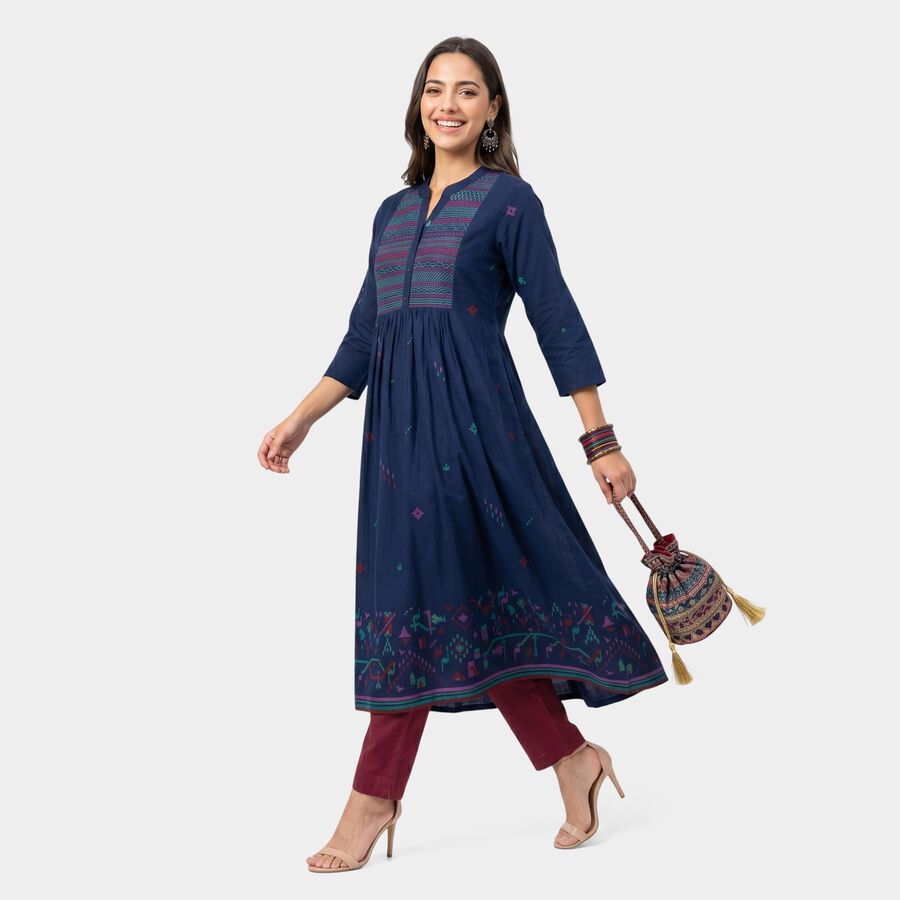Women's Blue Cotton Mandarin Collar Printed Kurta, Navy Blue, large