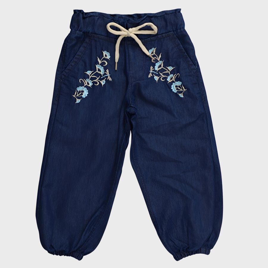 Girls' Navy Blue Relaxed Fit Embroidered Jeans, Mid Blue, large