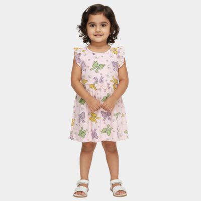 Girls' Light Pink Bow and Floral Printed A-Line Frock