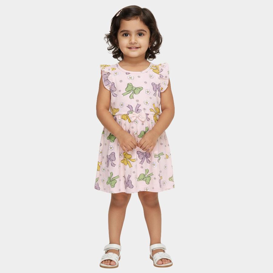 Girls' Light Pink Bow and Floral Printed A-Line Frock, Light Pink, large image number null