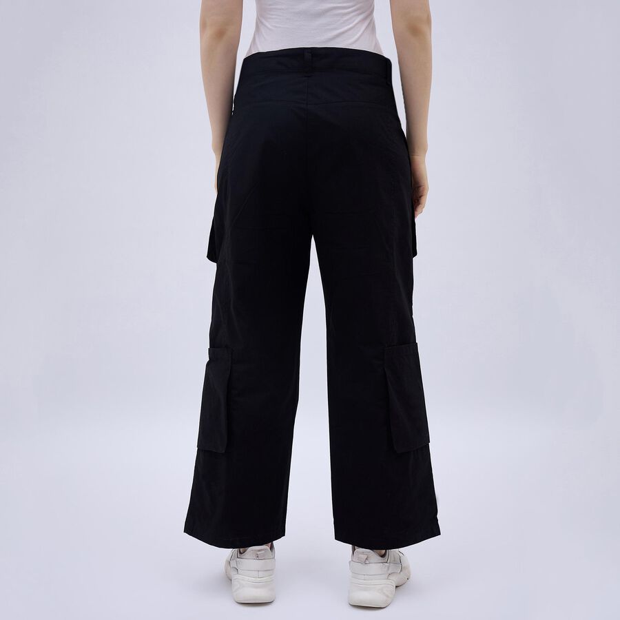 Women's Jet Black Wide-Leg Cargo Trousers, काला, large image number null