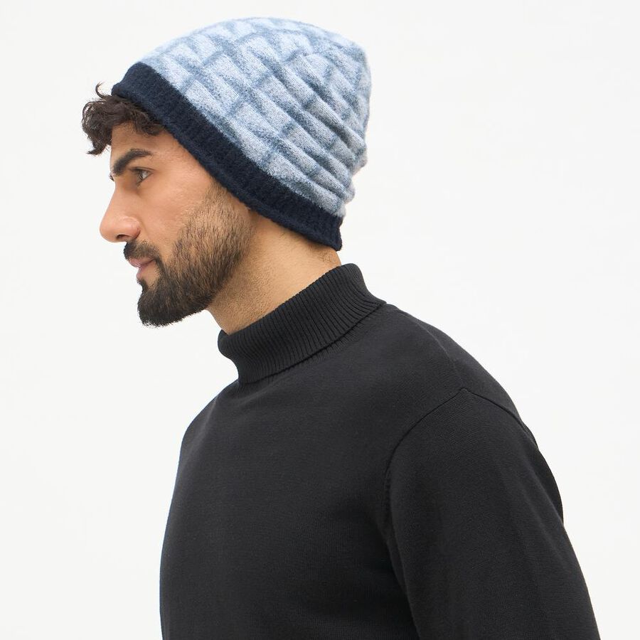 Men's Light Blue and Navy Textured Beanie Cap, Navy Blue, large image number null