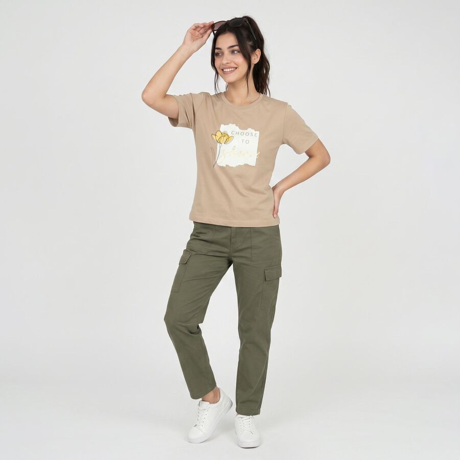 Women Beige Round Neck Regular T-Shirt, Beige, large