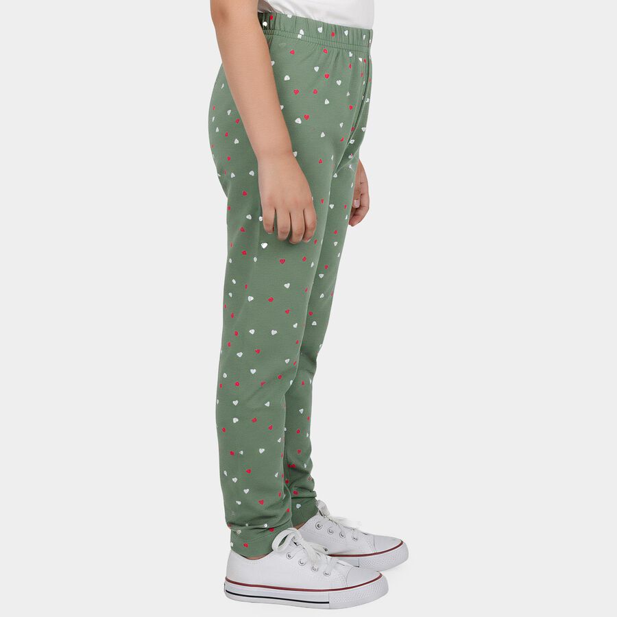 Girls' Green Straight Fit Heart Printed Pyjama, हल्का हरा, large