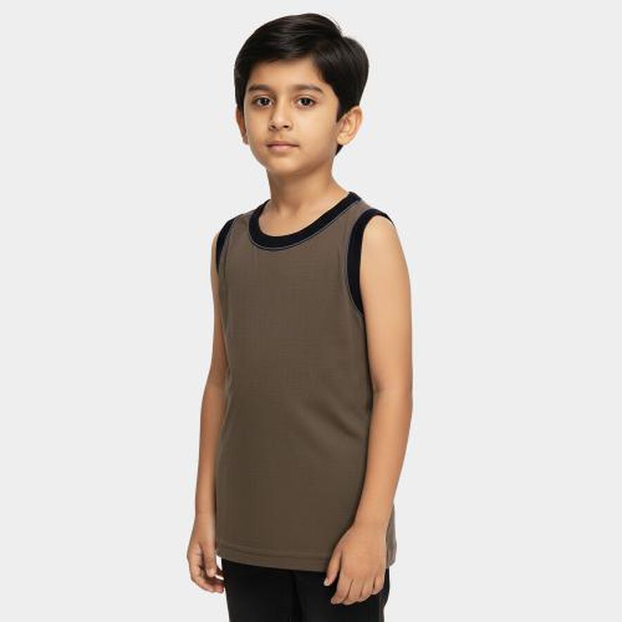 Boys Bright White Cotton Round Neck Casual Vest, Olive, large image number null