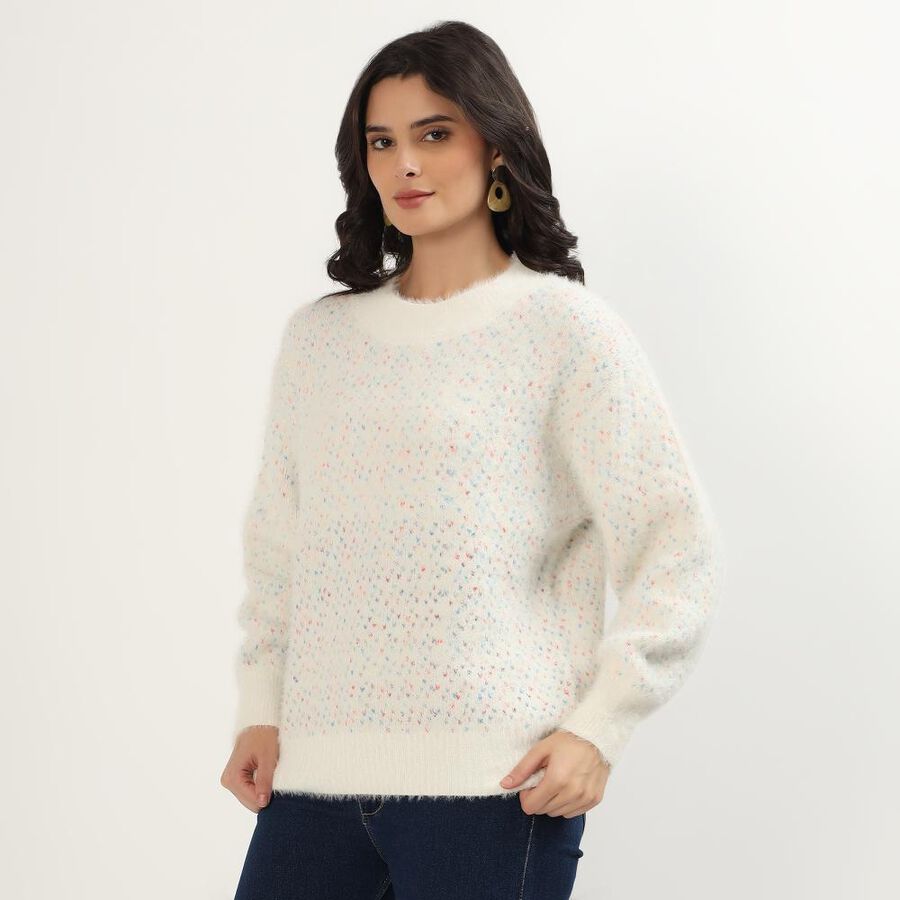 Women's Off White Crew Neck Casual Pullover, ऑफ व्हाइट, large image number null