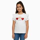 Girls White Cotton Round Neck Ruffle Sleeve Graphic T-Shirt, White, small image number null