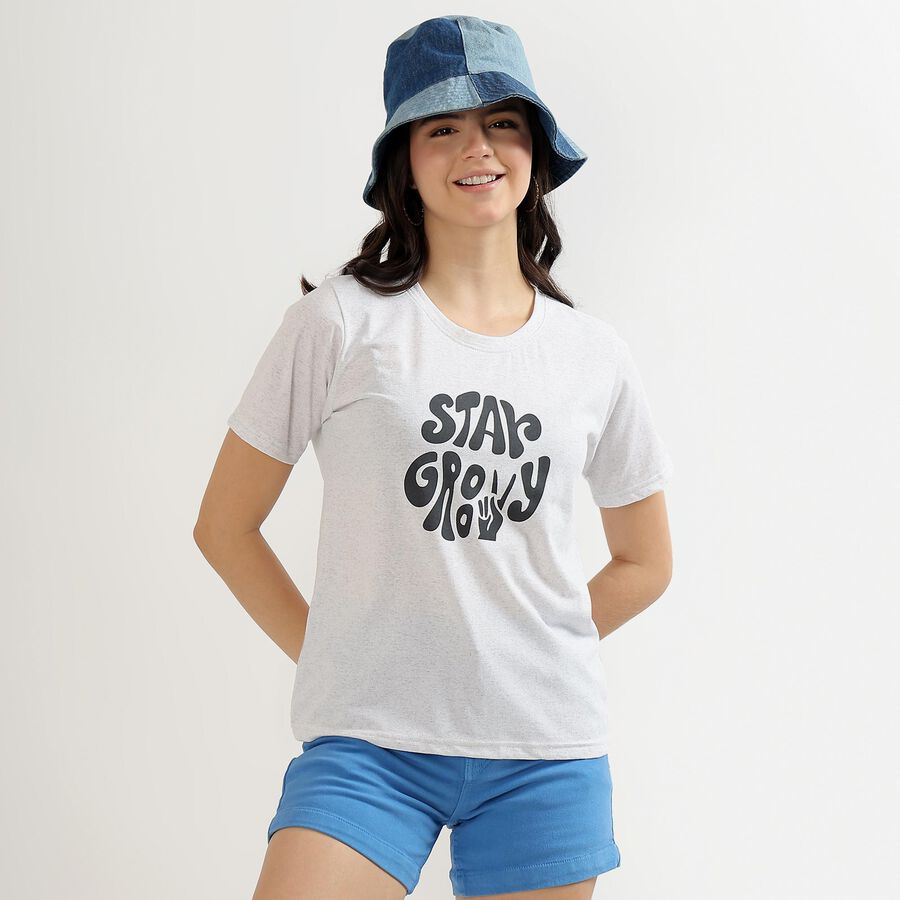 Women's Soft White Round Neck Graphic Print T-Shirt, Ecru Melange, large image number null