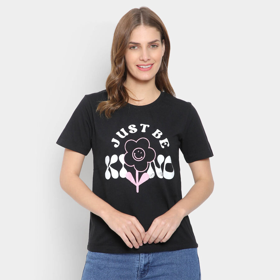Round Neck T-Shirt, काला, large image number null