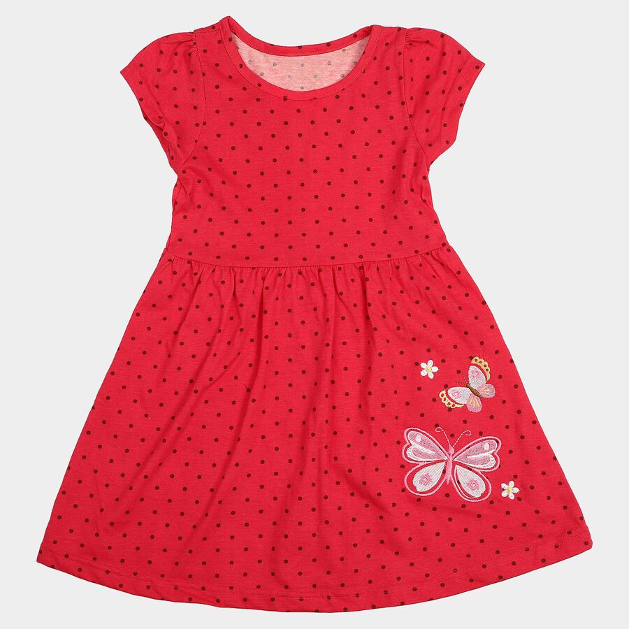 Girls' Fuchsia Fit and Flare Polka Dot Butterfly Print Frock, Fuchsia, large