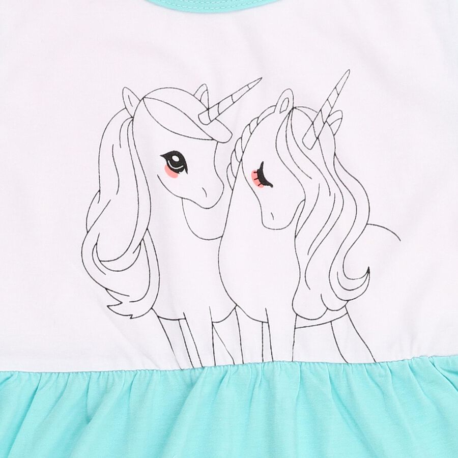 Girls' Aqua Blue and White Unicorn Printed Flared Frock, Aqua, large image number null