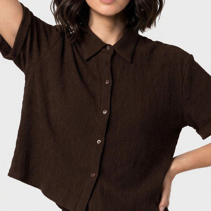 Women's Brown Solid Collared Shirt, भूरा, large