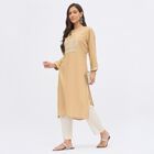 Women's Beige Round Neck Embroidered Kurta, खाकी, small image number null
