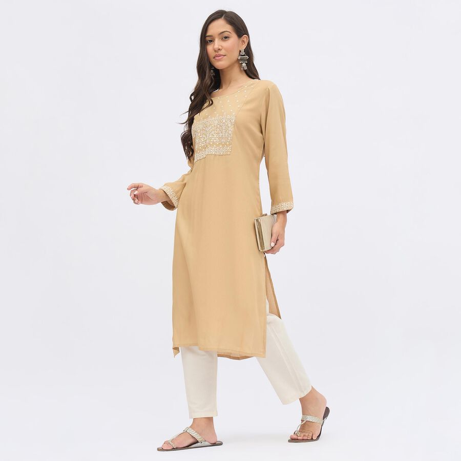 Women's Beige Round Neck Embroidered Kurta, खाकी, large image number null