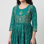 Women's Aqua Scoop Neck Embroidered Kurta, Aqua, small