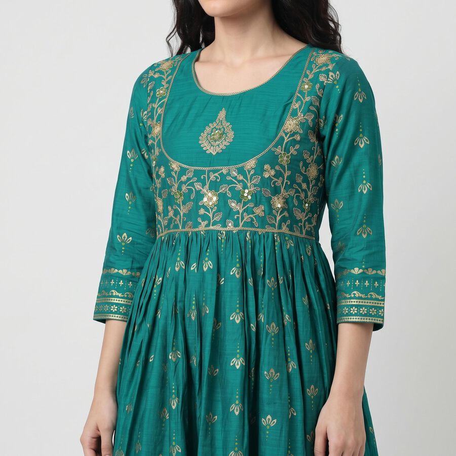 Women's Aqua Scoop Neck Embroidered Kurta, Aqua, large