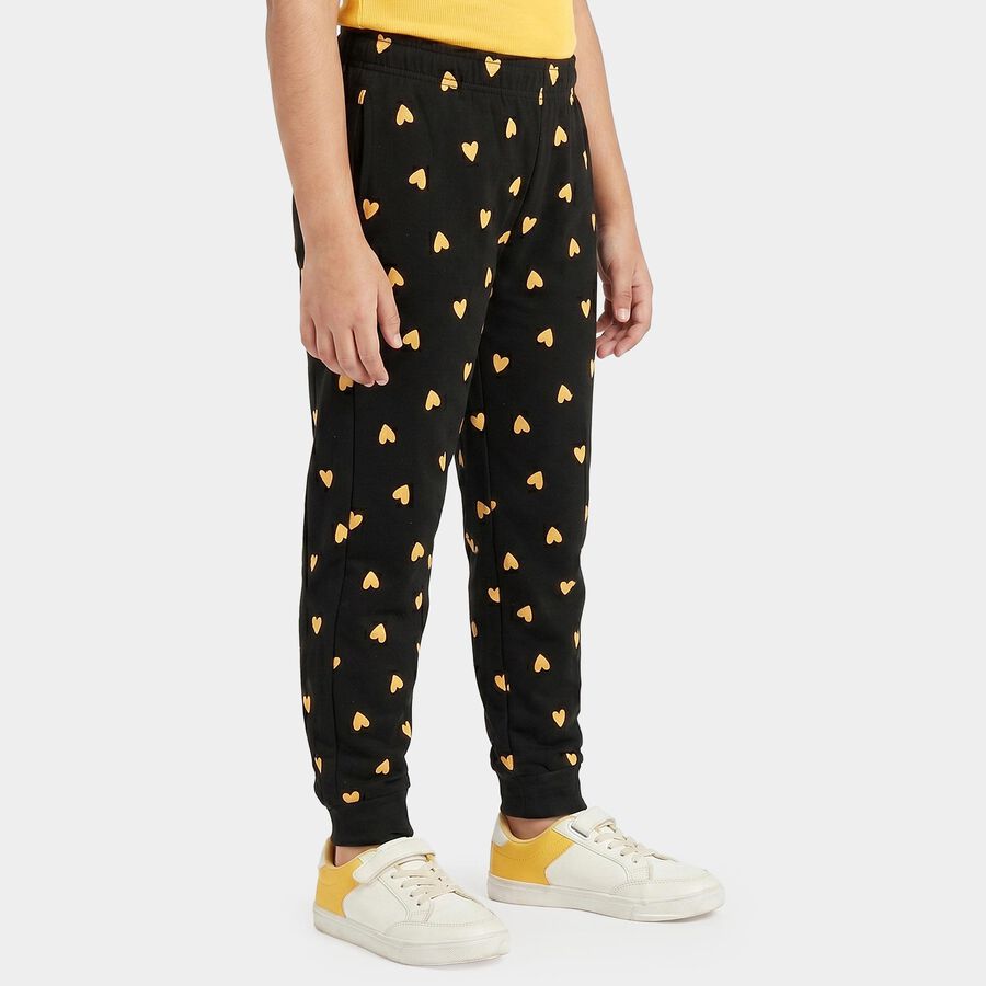 Girls' Black Jogger Fit Heart Printed Cotton Pyjama, काला, large