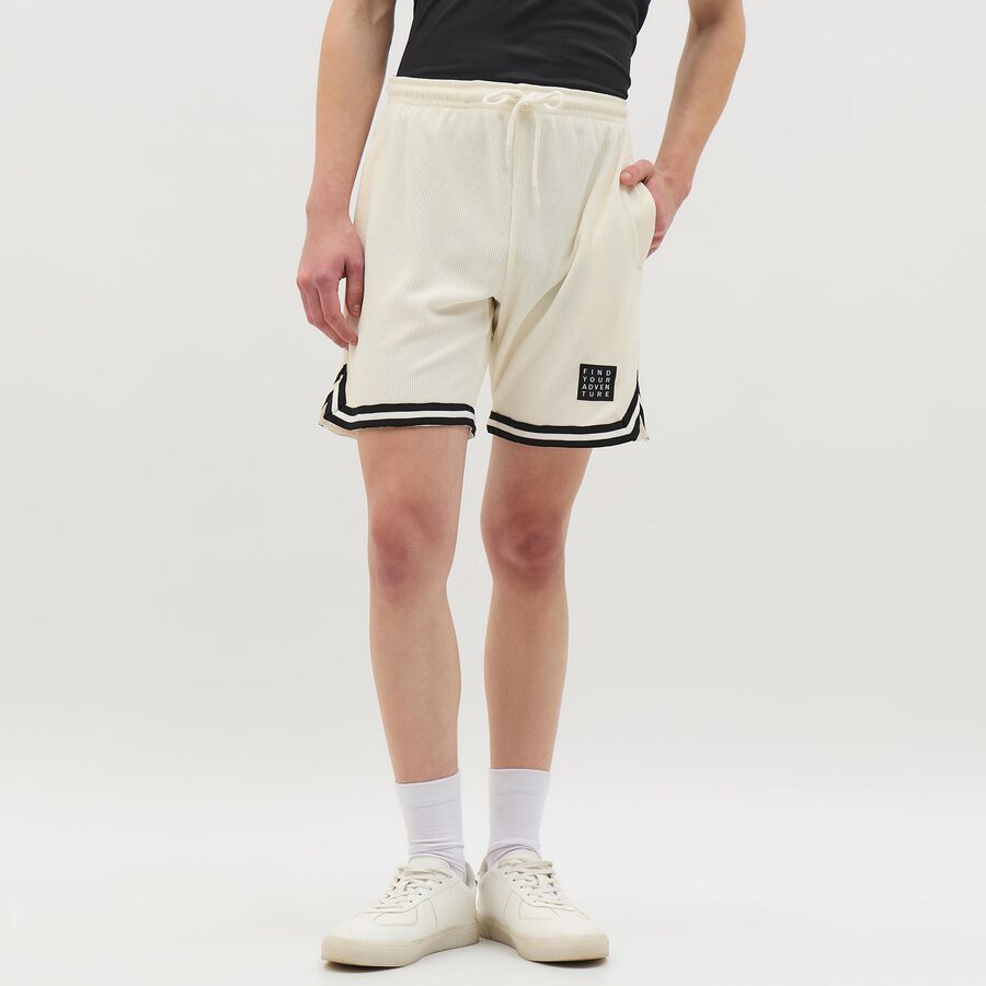 Men's Off-White Textured Elastic Waist Bermuda Shorts, एक्रू मिश्रित, large