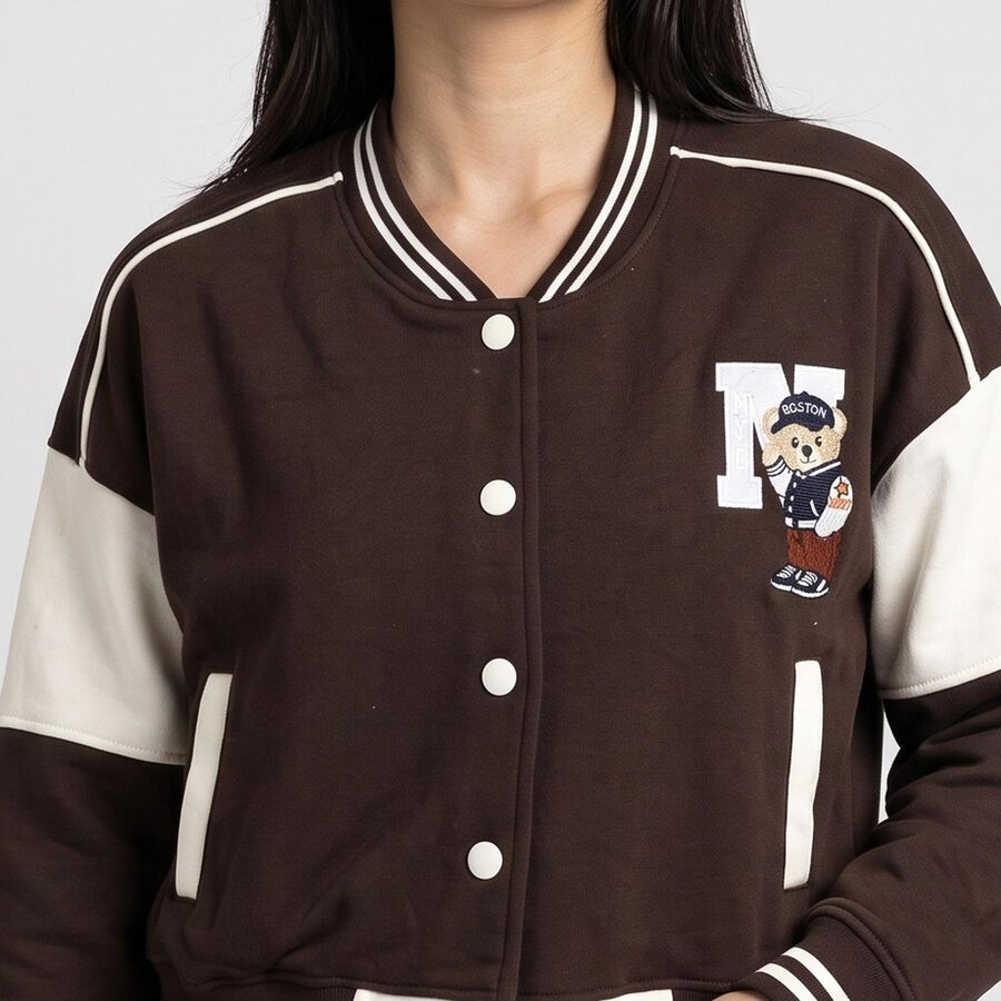 Women's Brown Varsity Jacket, भूरा, large