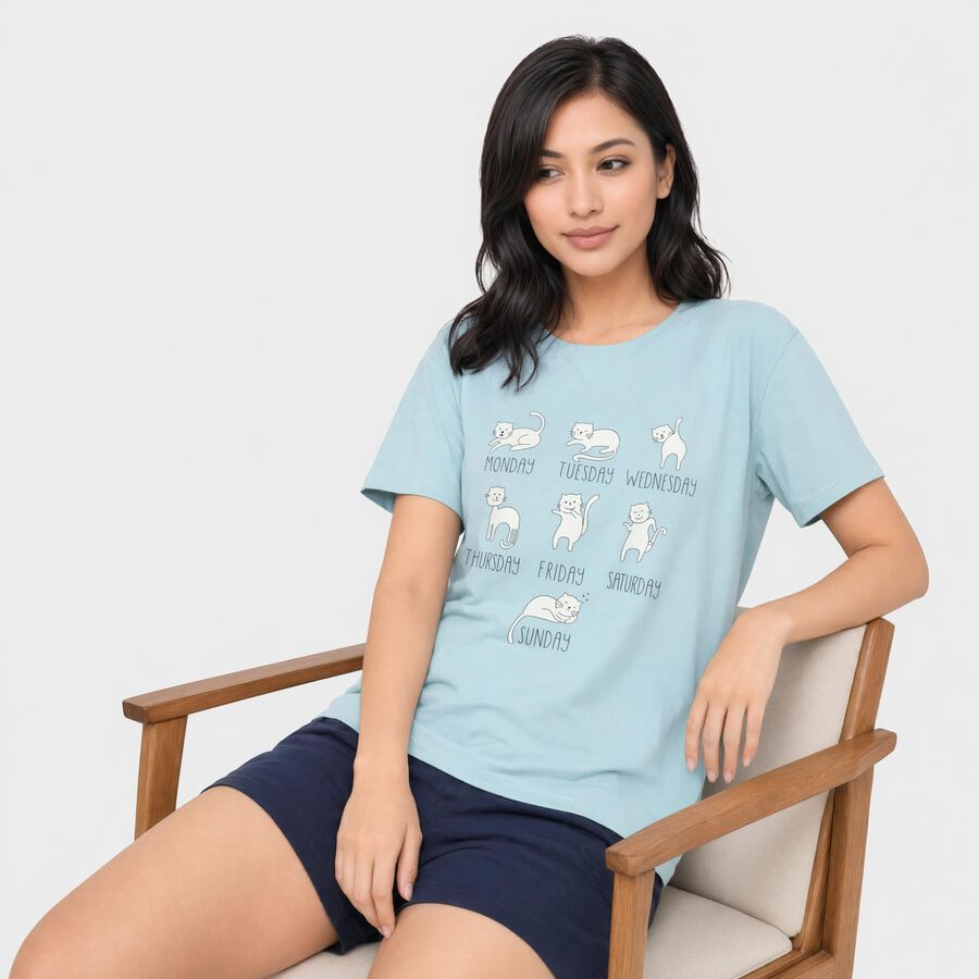 Women Light Blue Cotton Round Neck Regular T-Shirt, नीला, large