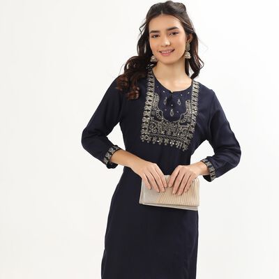 Women's Deep Midnight Navy Round Neck Embroidered Kurta