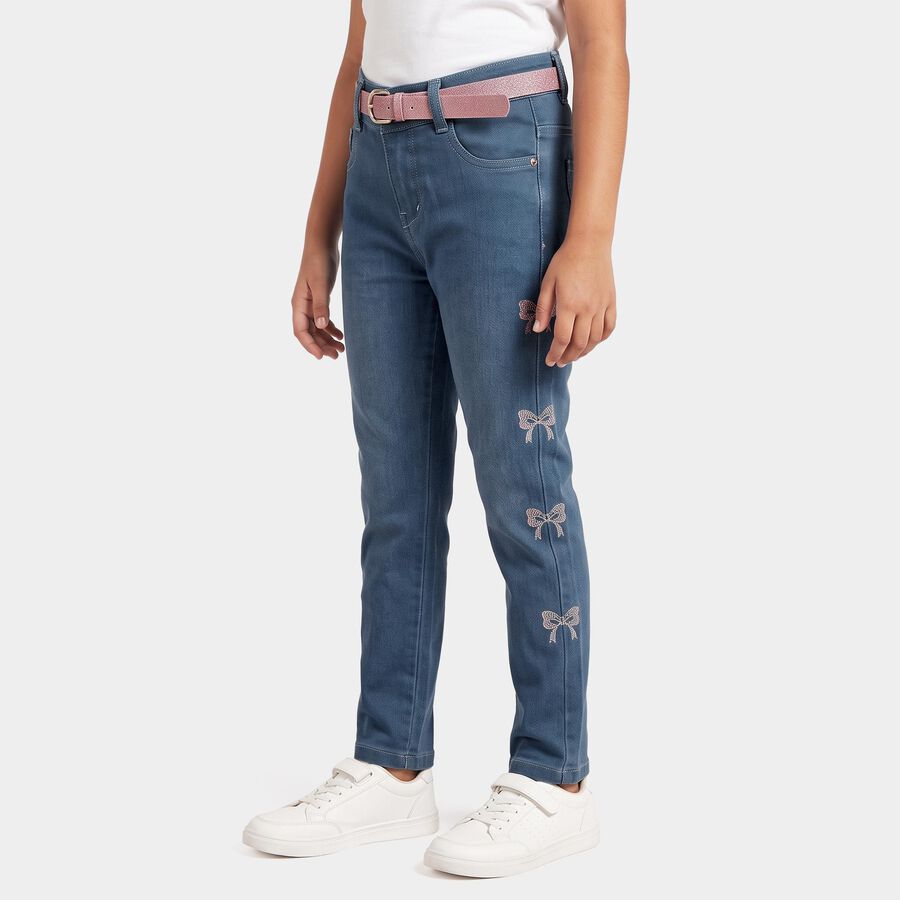 Girls' Light Blue Straight Fit Bow Jeans, हल्का नीला, large