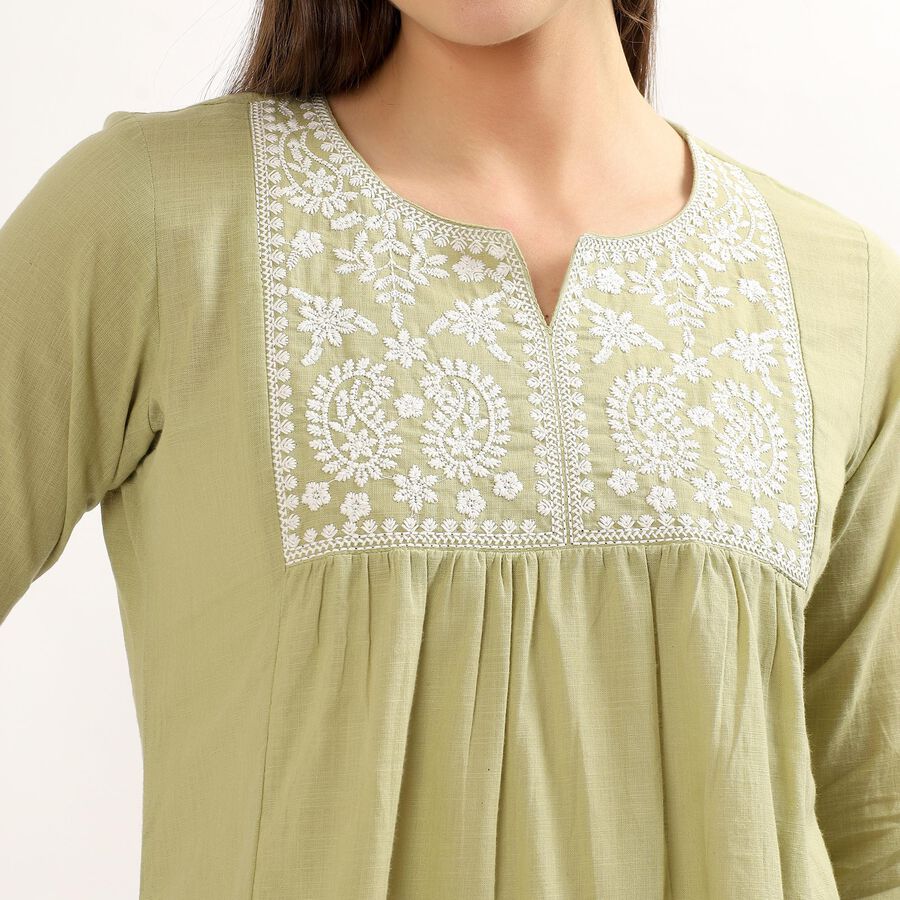 Women's Light Sage Green Cotton Round Neck Solid Kurti, Light Green, large