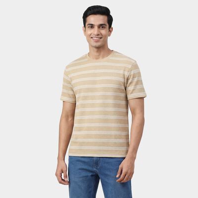 Men's Beige Round Neck Casual T-Shirt
