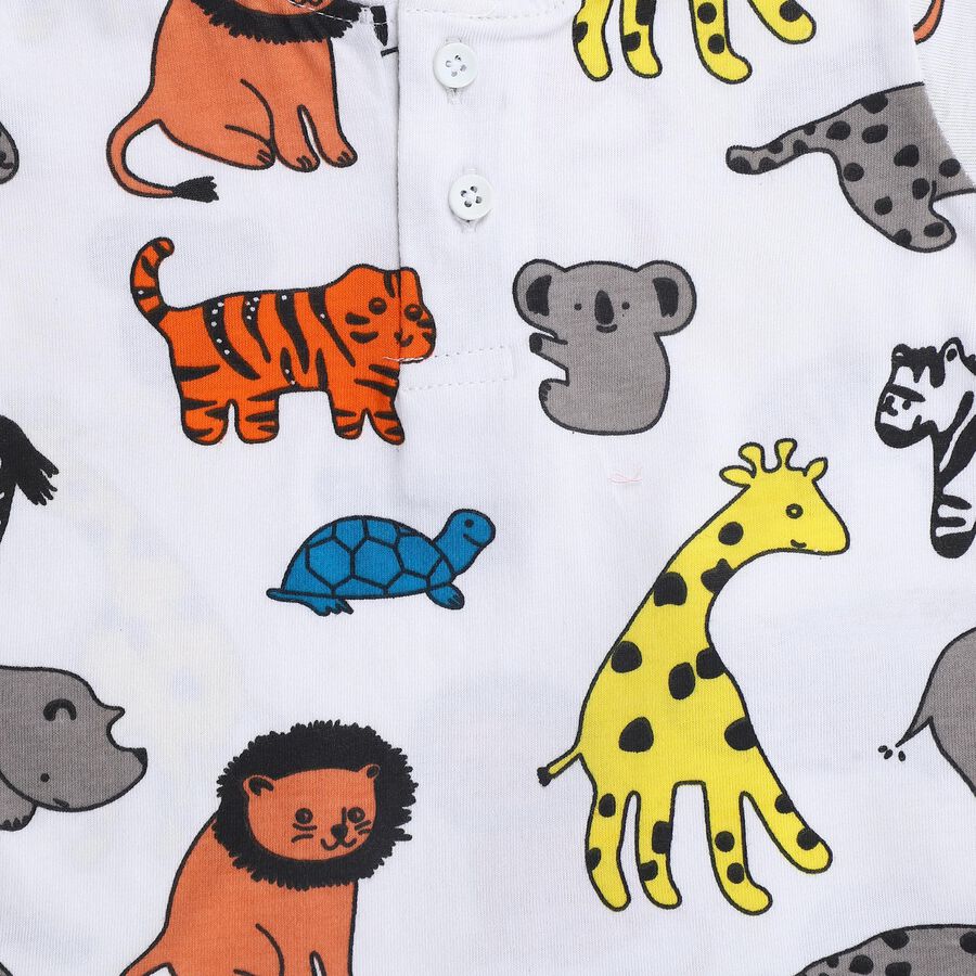 Infants White Cotton Round Neck Animal Print Night Suit, White, large image number null
