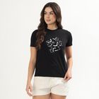 Women's Black Round Neck Graphic Casual T-Shirt, Black, small