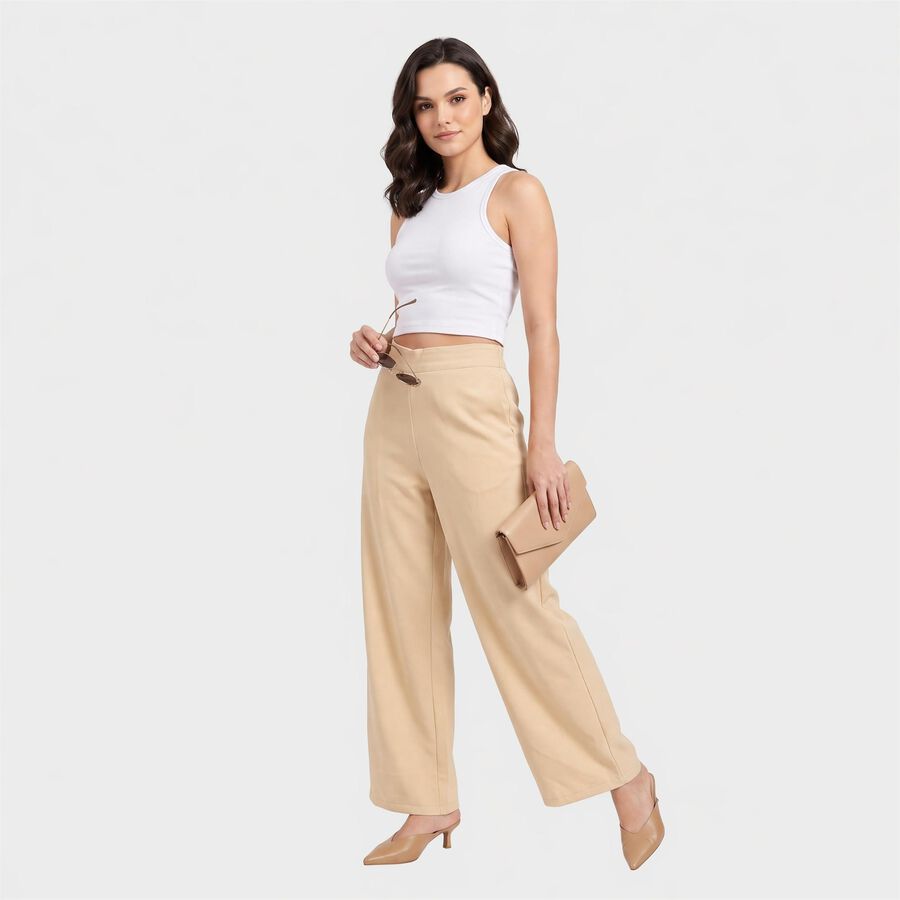 Women Beige Wide Leg High Rise Solid Trousers, गहरा पीला, large