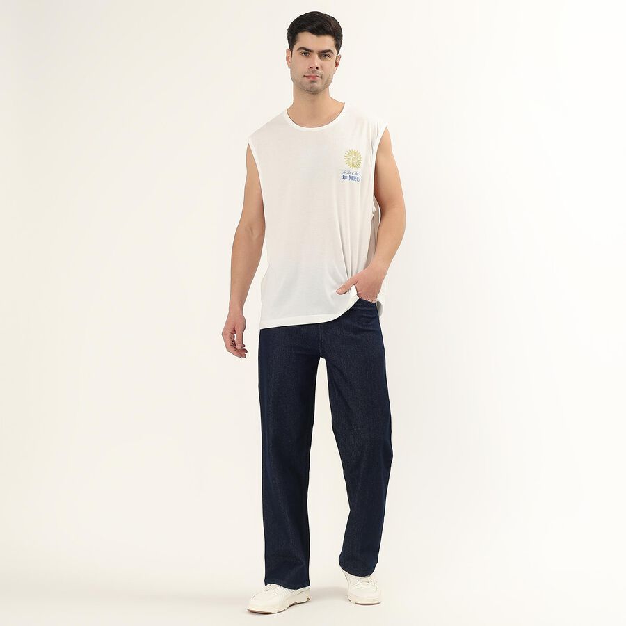 Men's White Round Neck Sleeveless Graphic T-Shirt, White, large