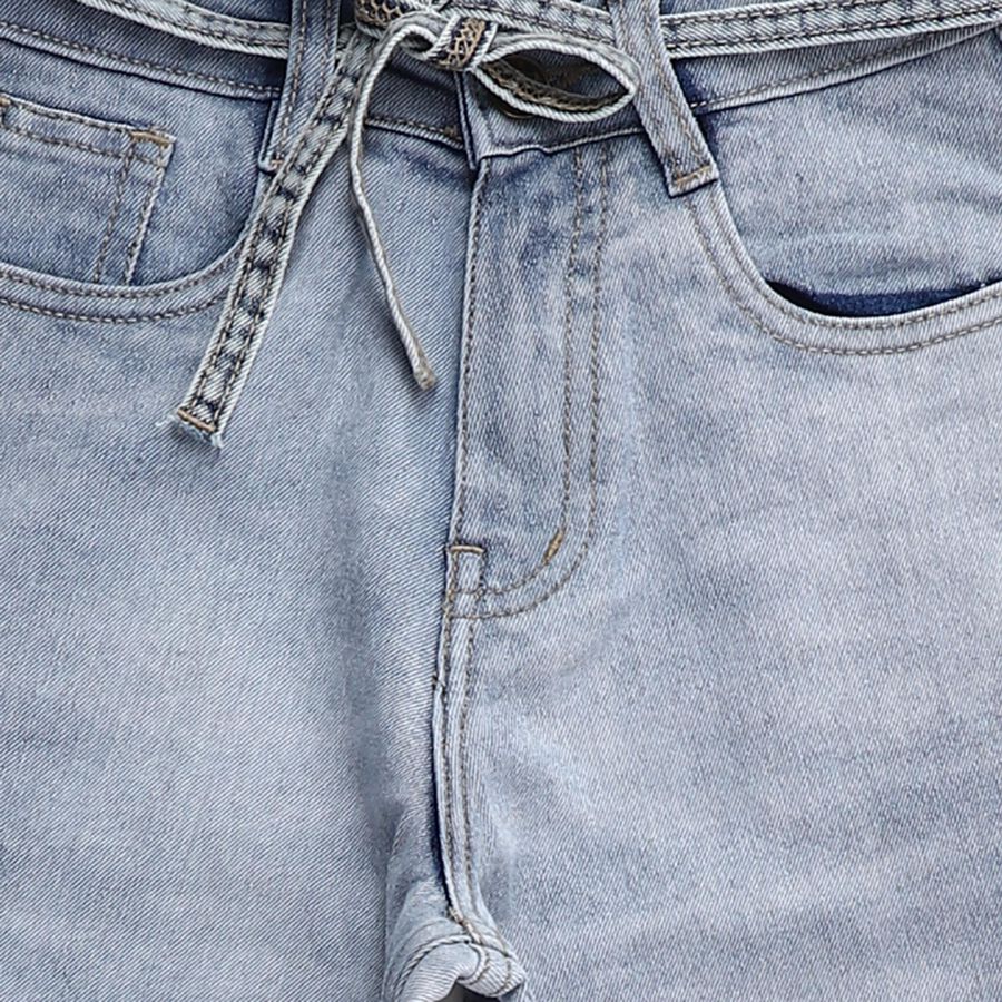 Girls' Light Blue Regular Fit Elastic Waist Drawstring Jeans, Light Blue, large