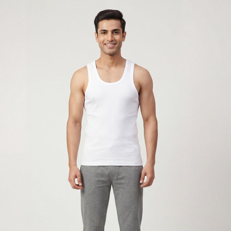 Men's White Cotton Round Neck Sleeveless Vest, White, large