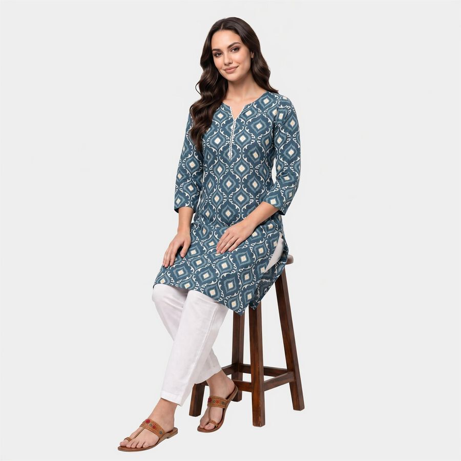 Women's Teal Blue Notch Neck Geometric Kurta, टील ब्लू, large
