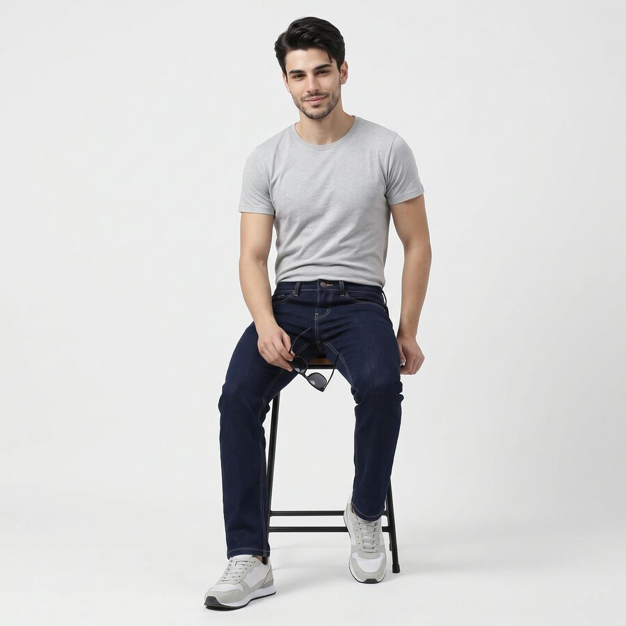 Men's Navy Blue Slim Fit Classic Five Pocket Jeans, गहरा नीला, large