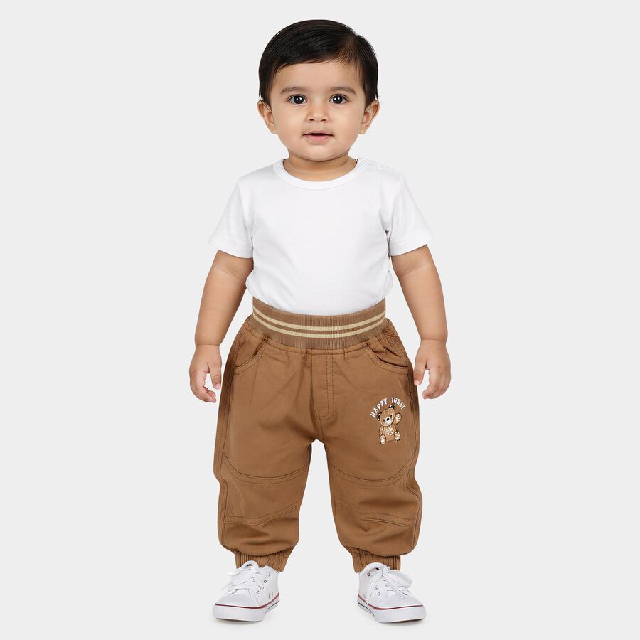 Infants Brown Jogger Fit Teddy Print Trousers, गहरा पीला, large
