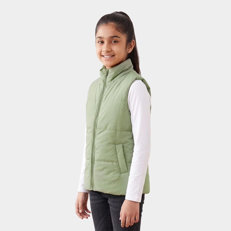 Girls' Sage Green Stand Collar Puffer Jacket, हल्का हरा, large