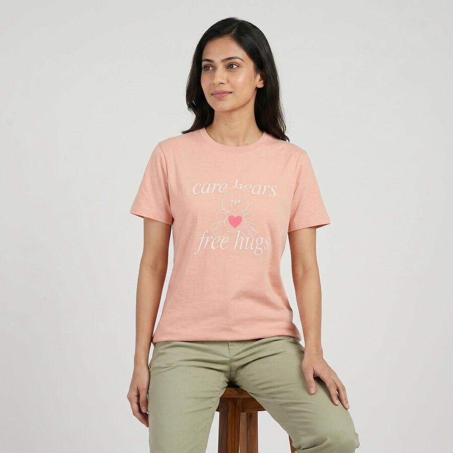 Women's Pink Round Neck Graphic Print Regular T-Shirt, Light Pink, large