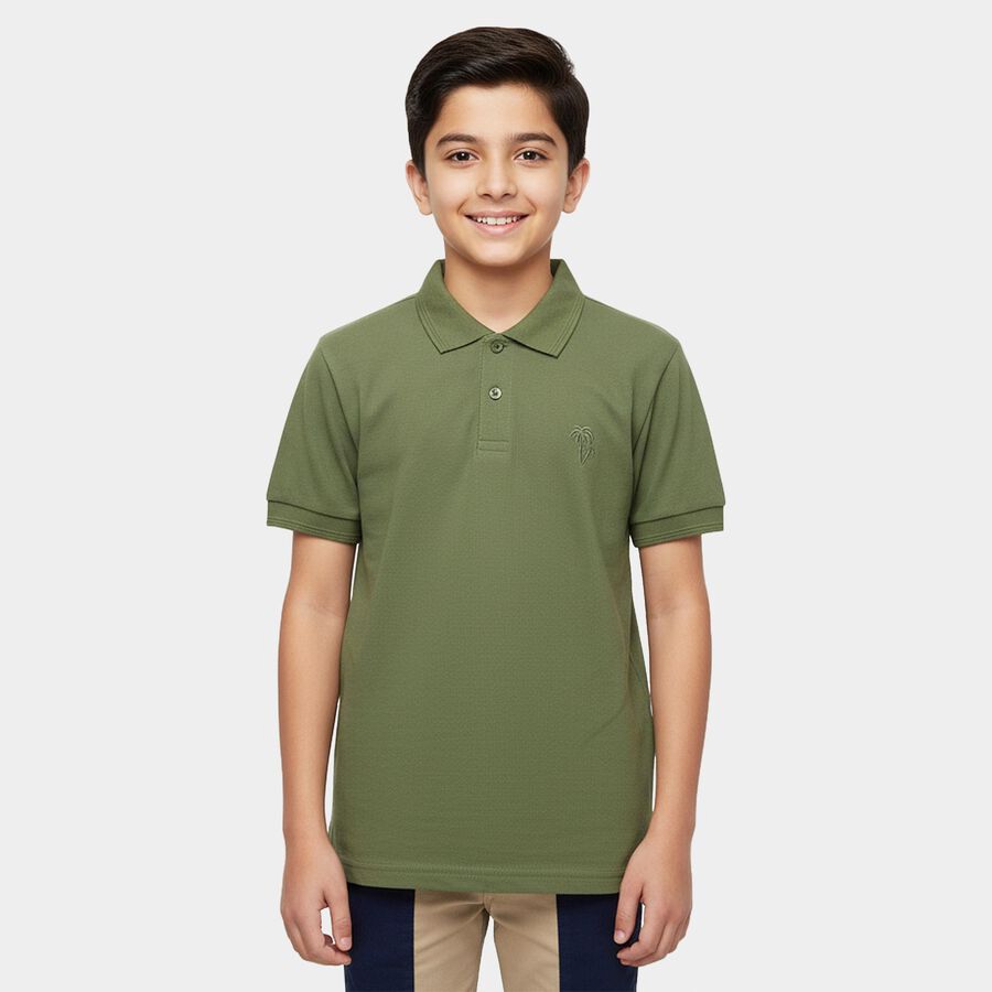 Boys Olive Round Neck Casual Half Sleeve T-Shirt, Olive, large