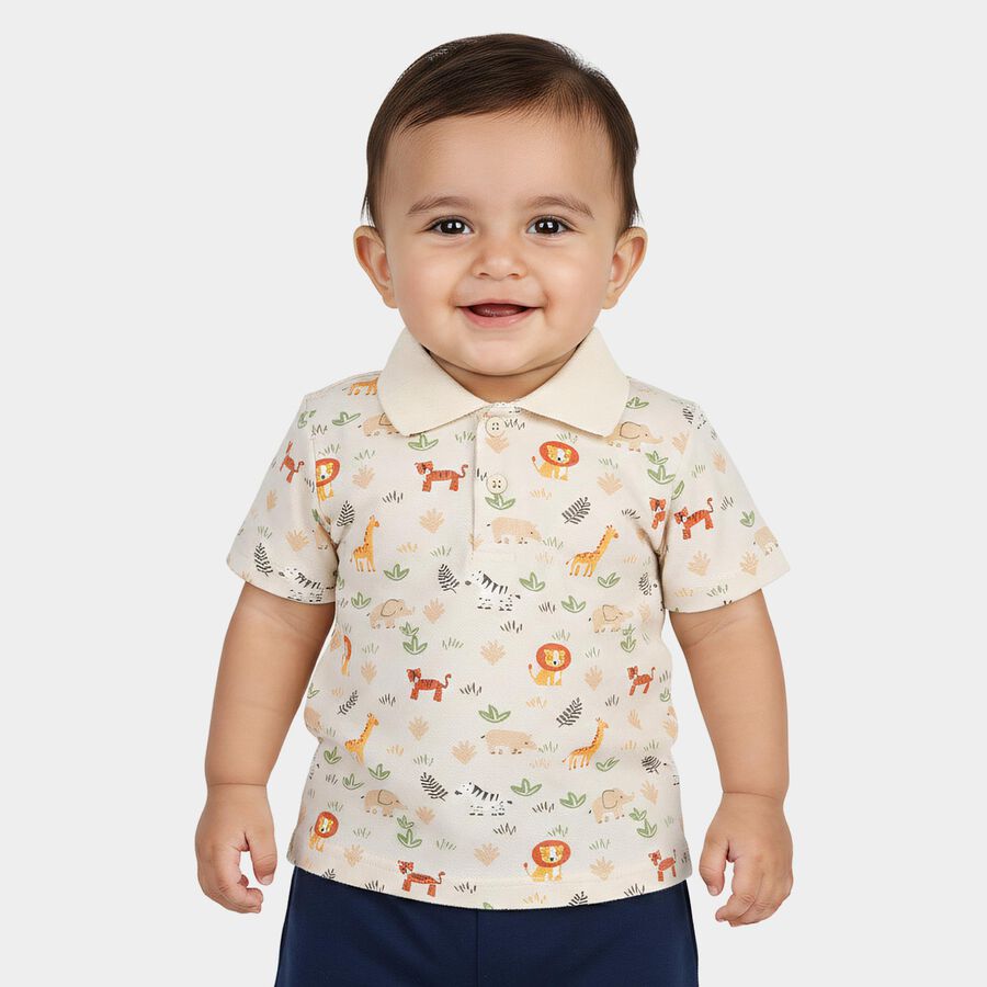 Infants Beige Cotton Polo Neck Casual T-Shirt, Beige, large