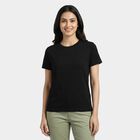 Women's Black Cotton Round Neck Casual T-Shirt, काला, small